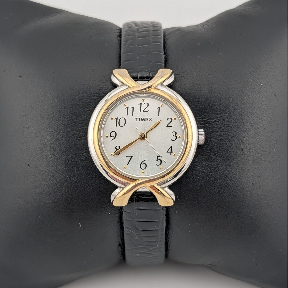 Timex Two Tone Twist Bezel Watch Silver Sunburst Dial Quartz 25mm